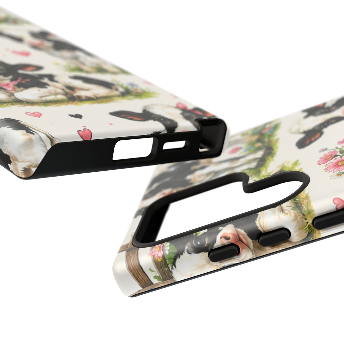 Cute Calf Pattern Phone Case – Pastel Cow Hearts & Flowers Protective Cover