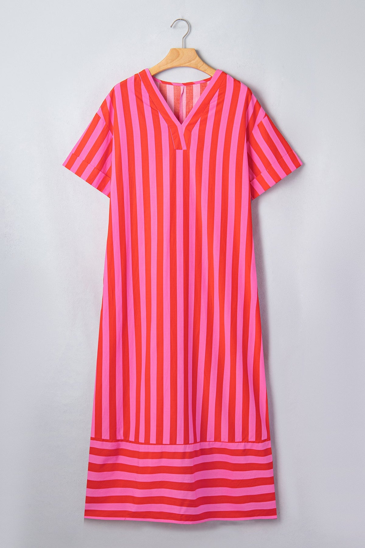 Stripe V-Neck Cuffed Sleeve Split Midi Dress