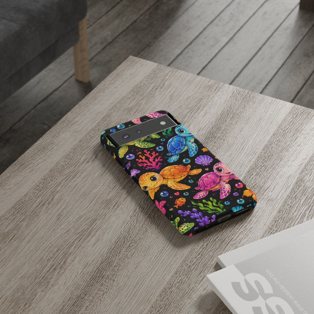 Phone Case — Colorful Cute Sea Turtles on Black (Protective Smartphone Cover)