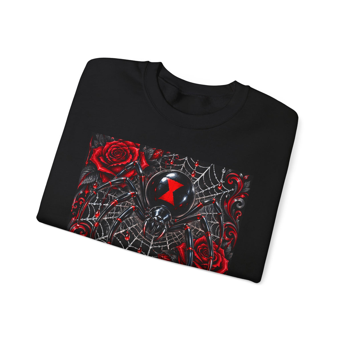 Spider Rose Crewneck Sweatshirt — Red & Black Gothic Spiderweb Design
