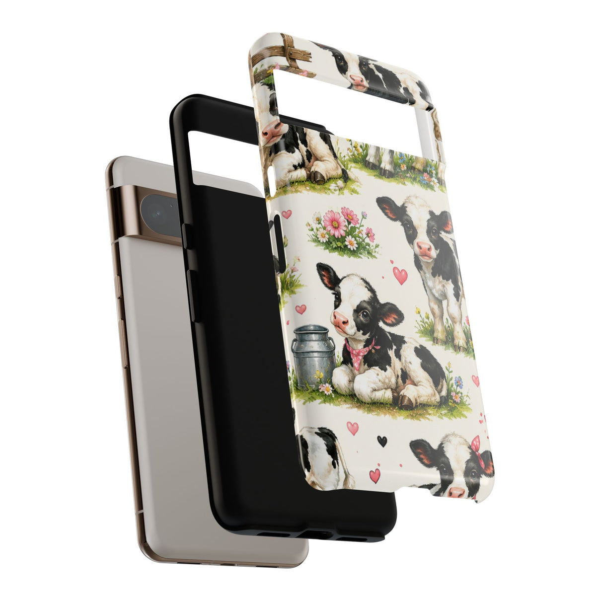 Cute Calf Pattern Phone Case – Pastel Cow Hearts & Flowers Protective Cover