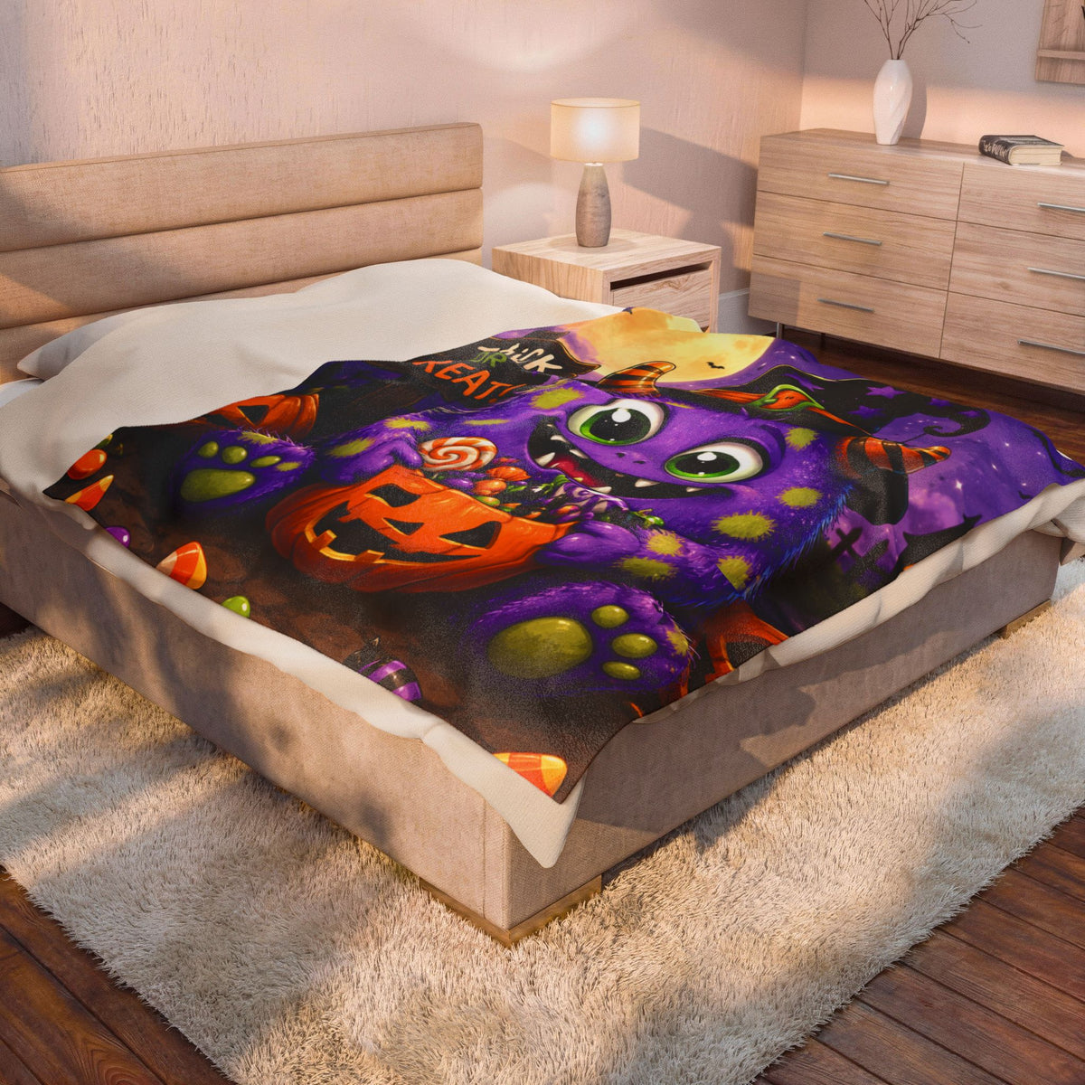 Halloween Monster Velveteen Plush Blanket – Cute Purple Trick or Treat Design