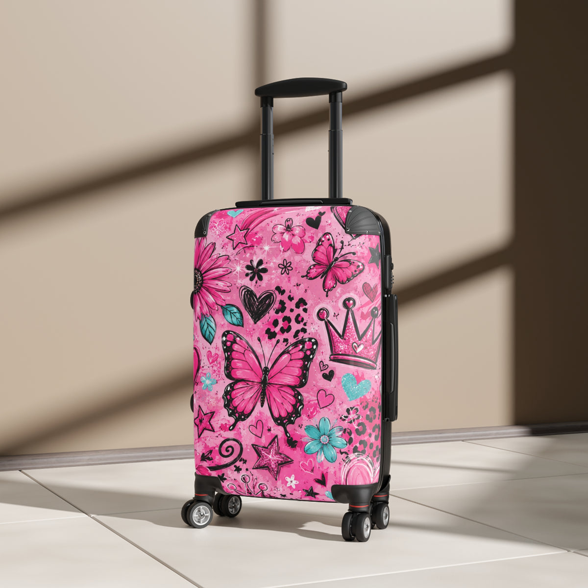 Pink Butterfly Suitcase – Kids’ Rolling Carry-On with Floral & Crown Design