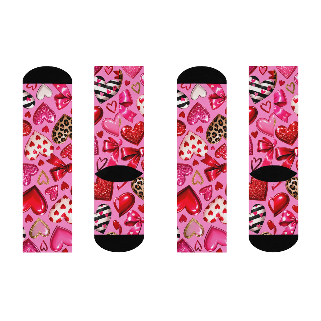 Valentine Heart Pattern Cushioned Crew Socks — Pink Romantic Hearts Crew Socks