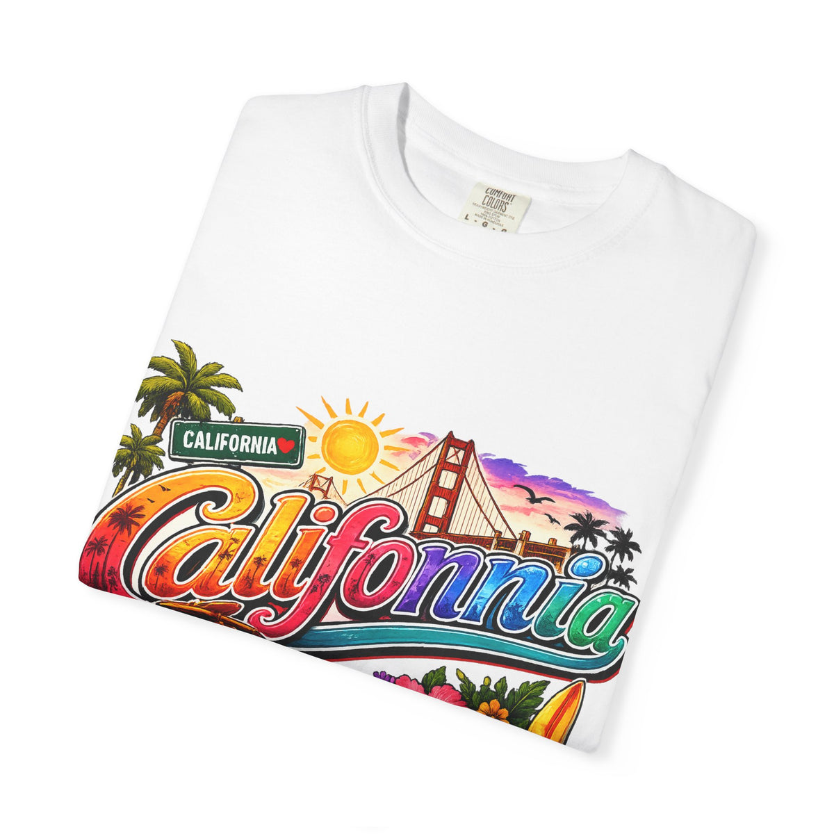 California Retro Sunset T-shirt | Golden Gate, Palm Trees & Surf