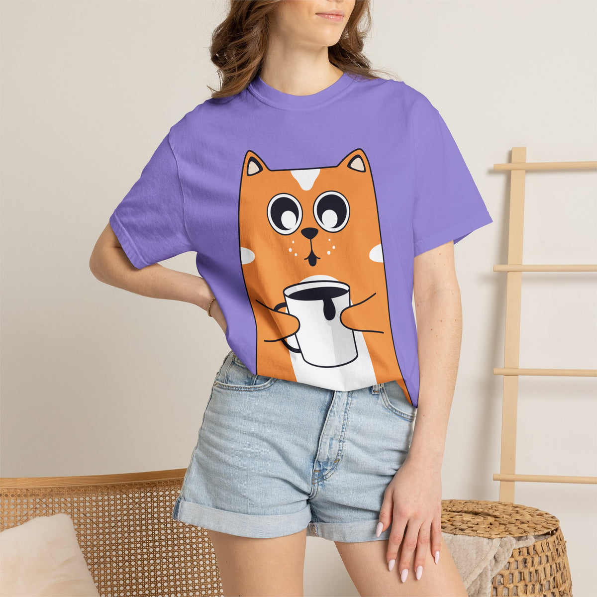 Coffee Cat T-Shirt — Cute Cat Holding Coffee Mug, “My morning doesn’t start until the coffee clocks in” Tee