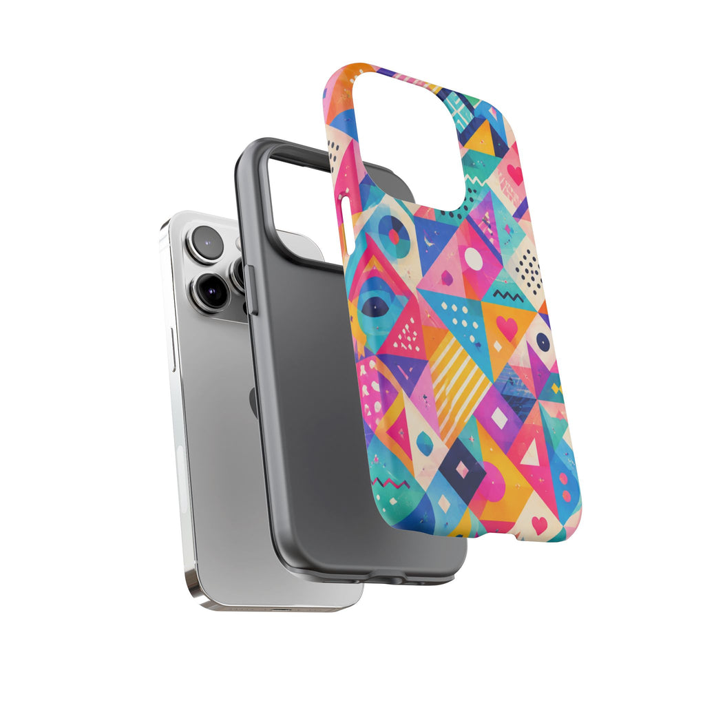 Colorful Geometric Tough Phone Case — Bright Abstract Heart & Triangle Pattern