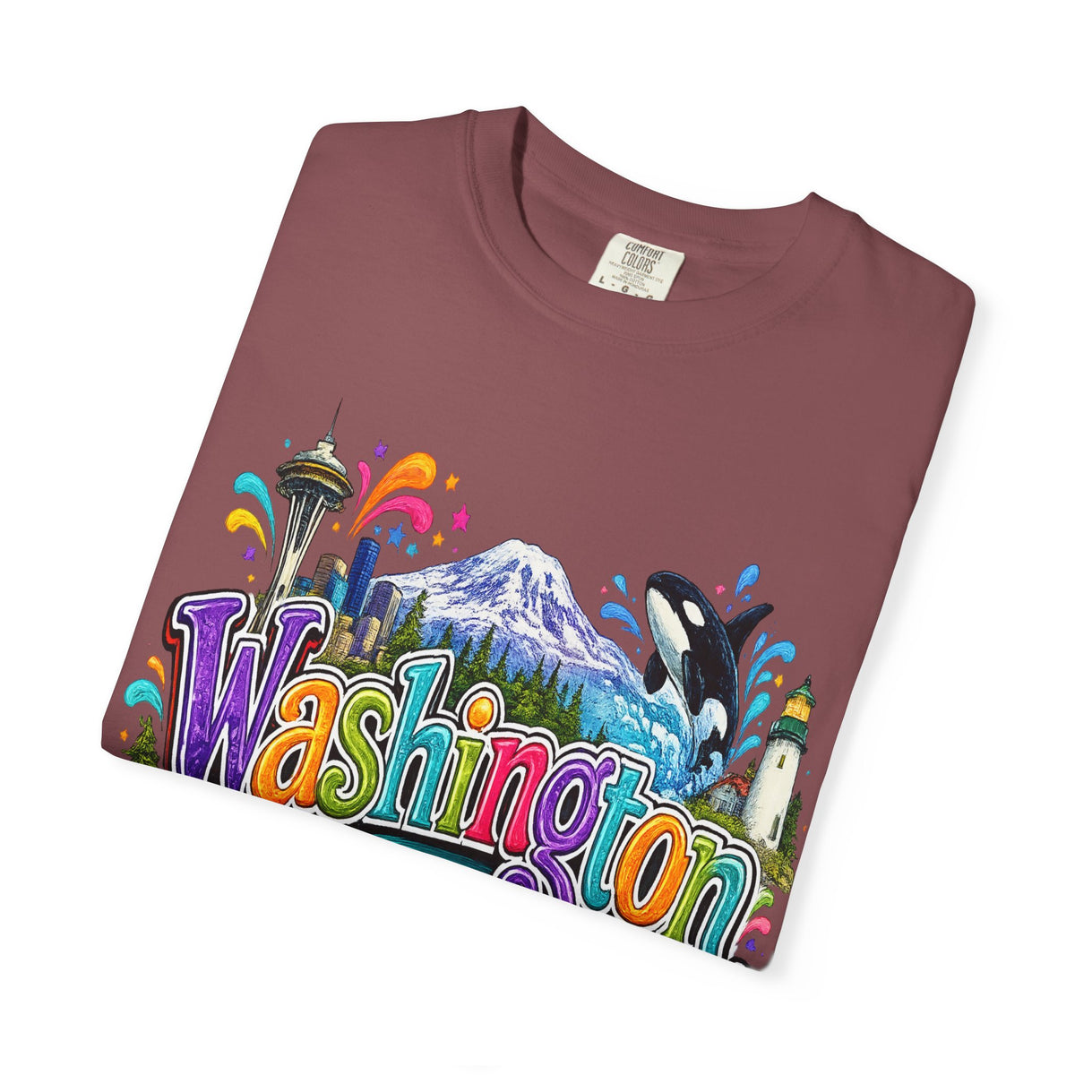 Washington State Scene T-shirt | Seattle Skyline, Orca, Apples