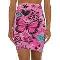 Pink Butterfly Doodle Pencil Skirt — Floral Hearts & Crown Print