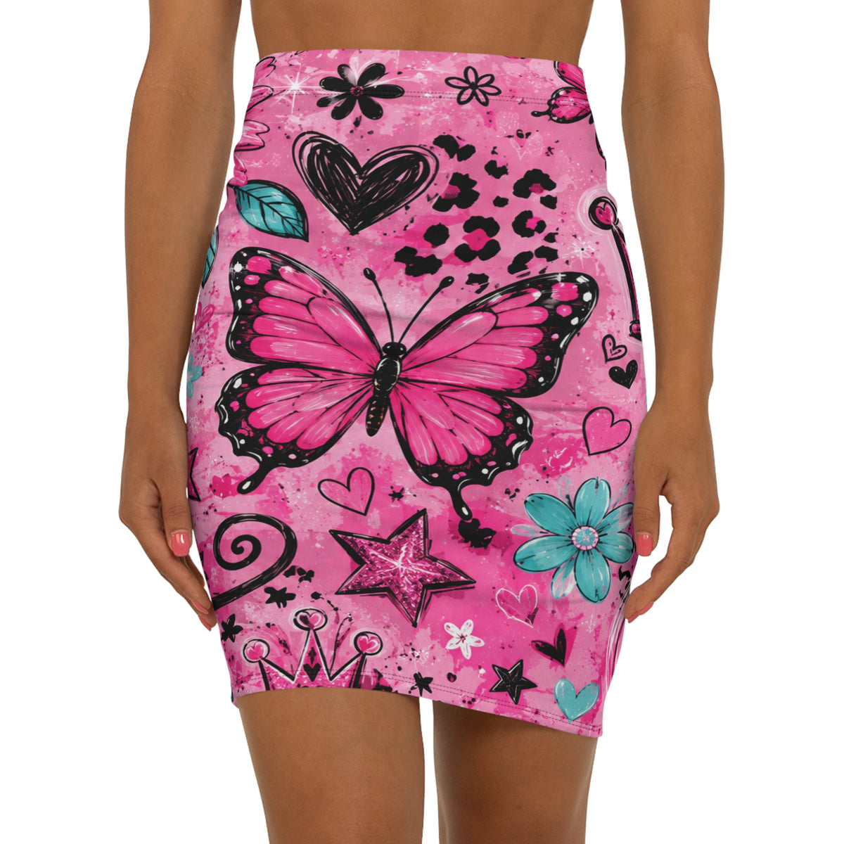 Pink Butterfly Doodle Pencil Skirt — Floral Hearts & Crown Print