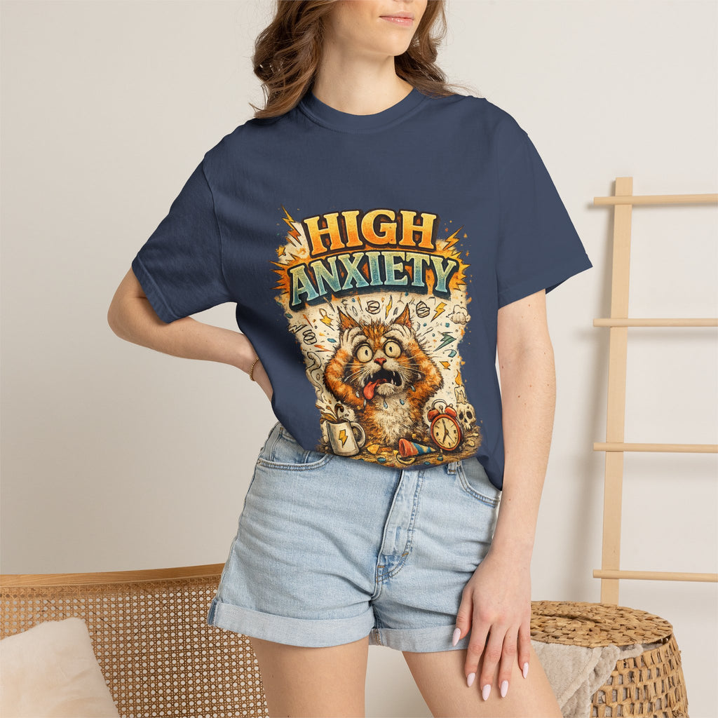 High Anxiety Cat Illustration T-shirt | Nervous Kitty Graphic Tee
