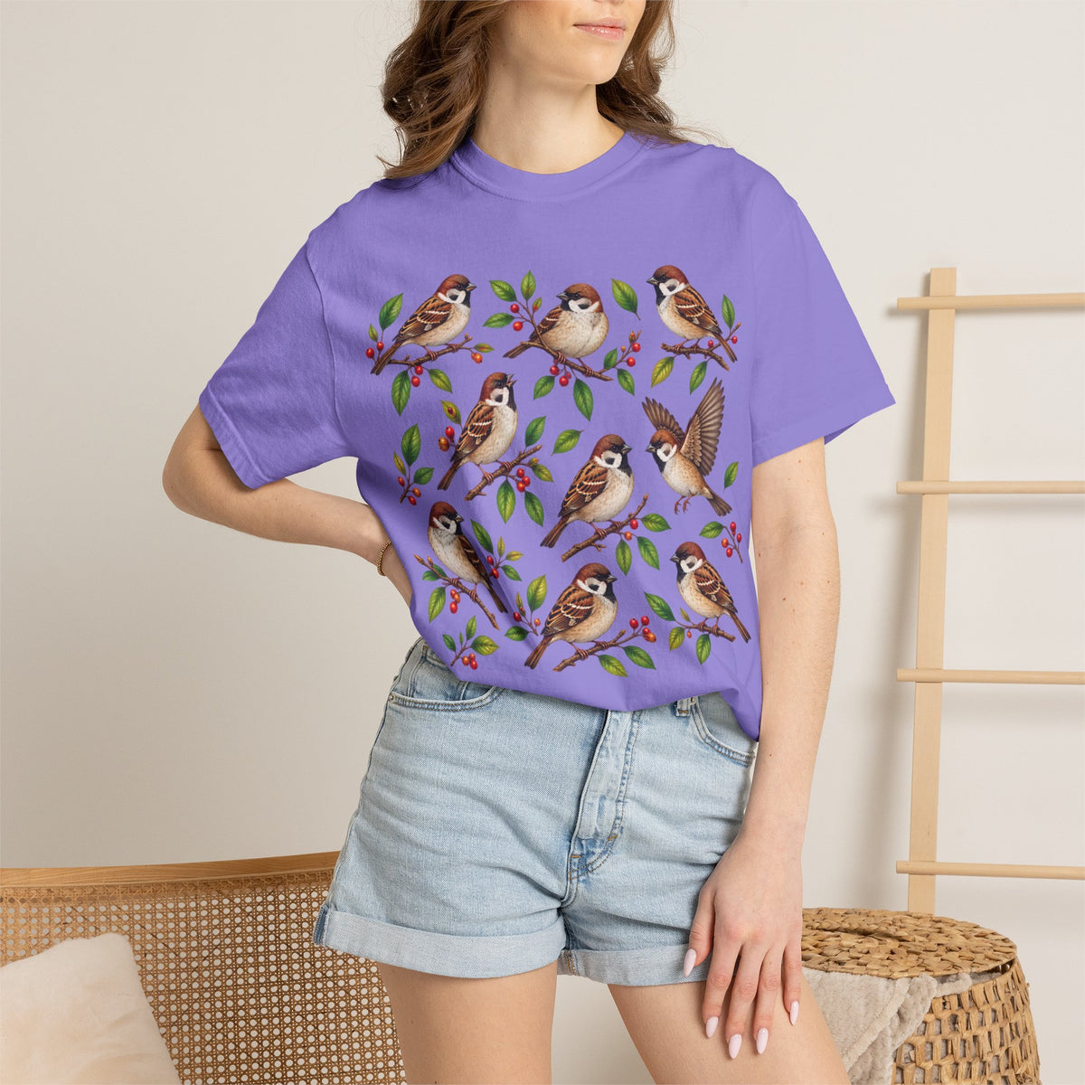 Sparrow Branches T-Shirt — Vintage Bird Illustration Tee for Bird Lovers & Nature Fans