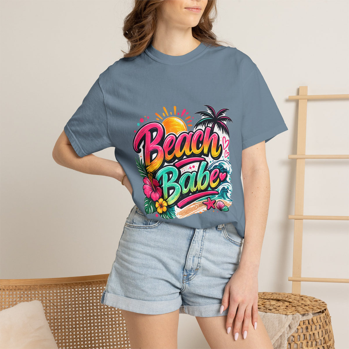 Beach Babe T-shirt | Tropical Palm Hibiscus Sunset Design