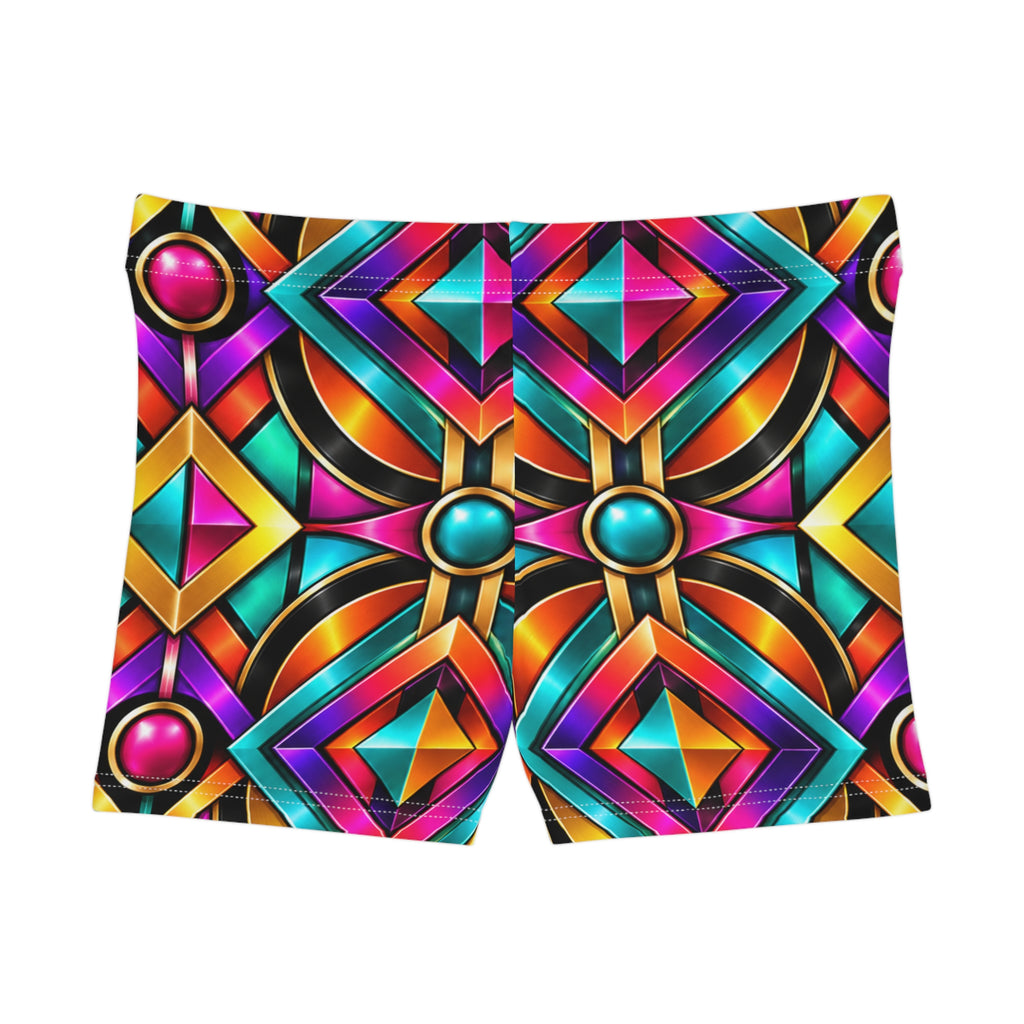 Geometric Neon Mosaic Women's Shorts — Bright Kaleidoscope AOP