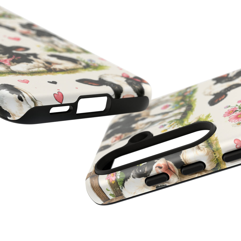 Cute Calf Pattern Phone Case – Pastel Cow Hearts & Flowers Protective Cover