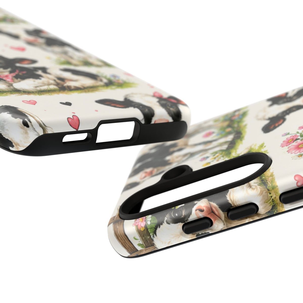 Cute Calf Pattern Phone Case – Pastel Cow Hearts & Flowers Protective Cover