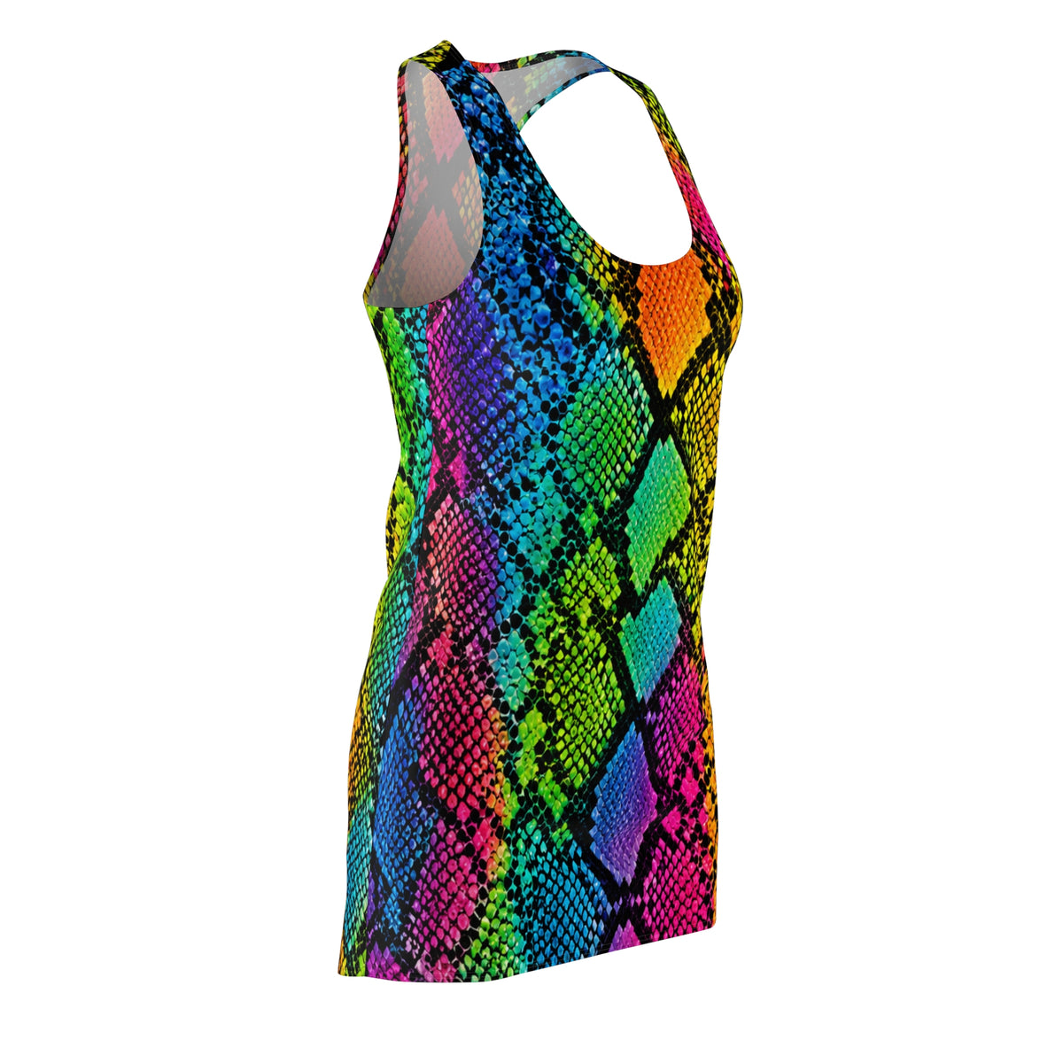 Rainbow Snakeprint Racerback Dress — Vibrant All-Over-Print Bodycon