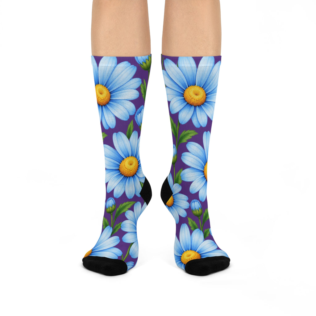 Daisy Bloom Cushioned Crew Socks — Blue Floral Knee-High Comfort