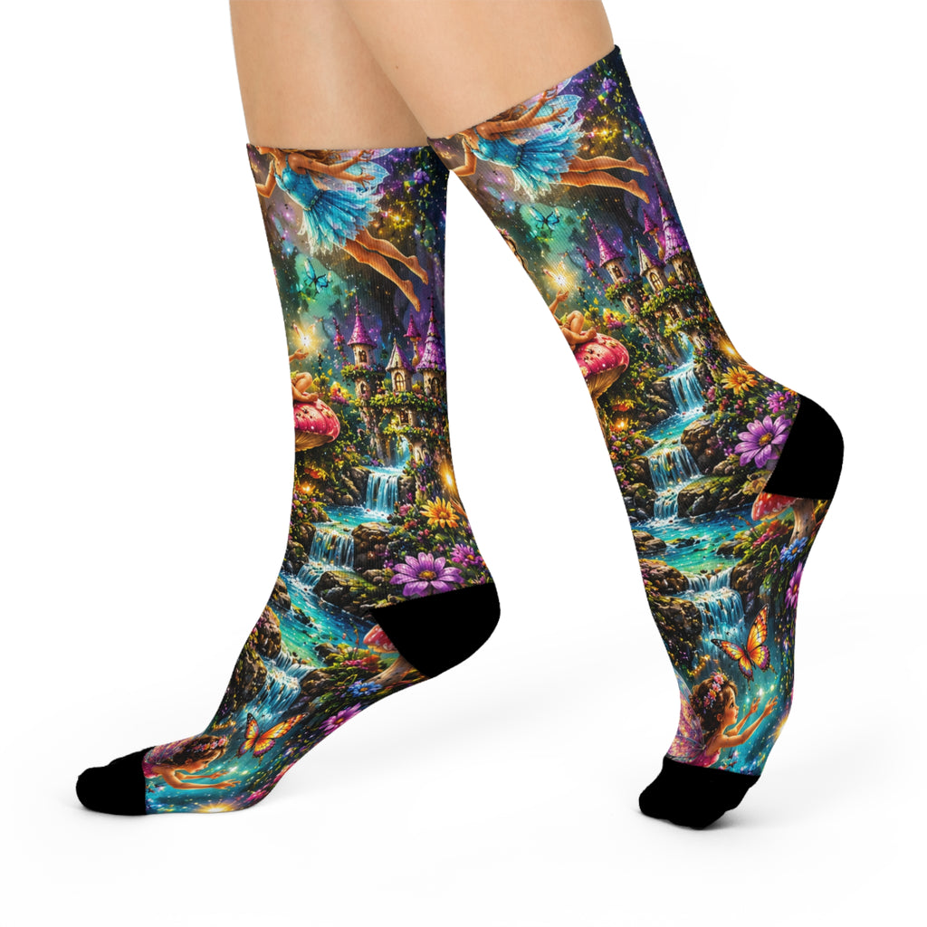 Fairy Garden Cushioned Crew Socks — Magical Mushroom Cottage Fantasy Socks