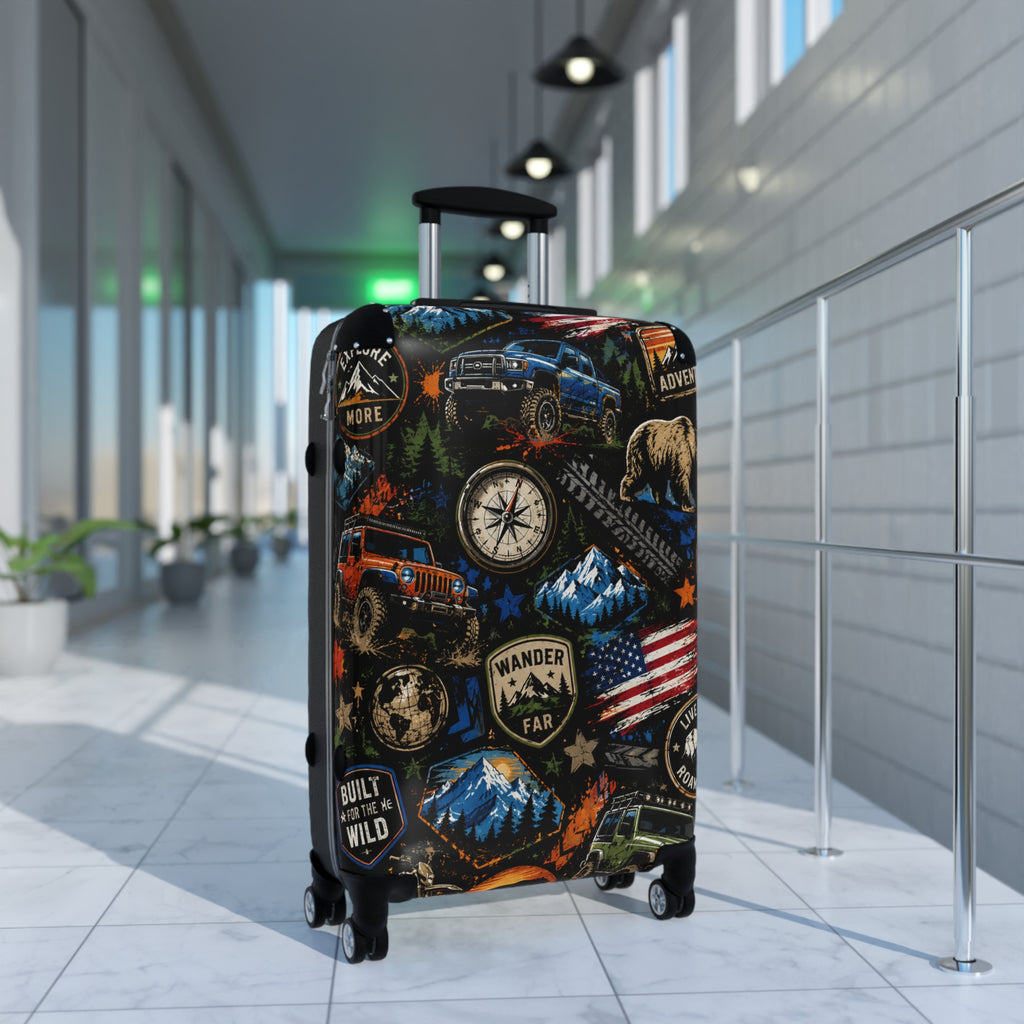 Adventure Patch Carry-On Suitcase – Wander Far Travel Luggage with Mountain, Compass & Bear Design