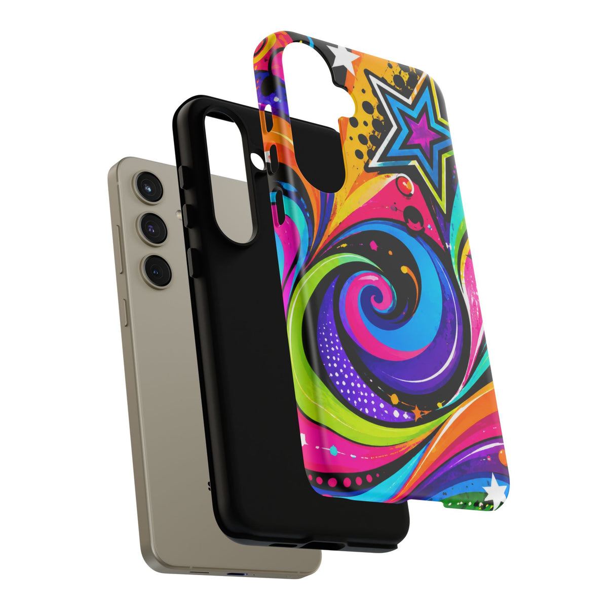 Psychedelic Swirl Phone Case — Bold Retro Stars & Neon Pop Art Tough Case