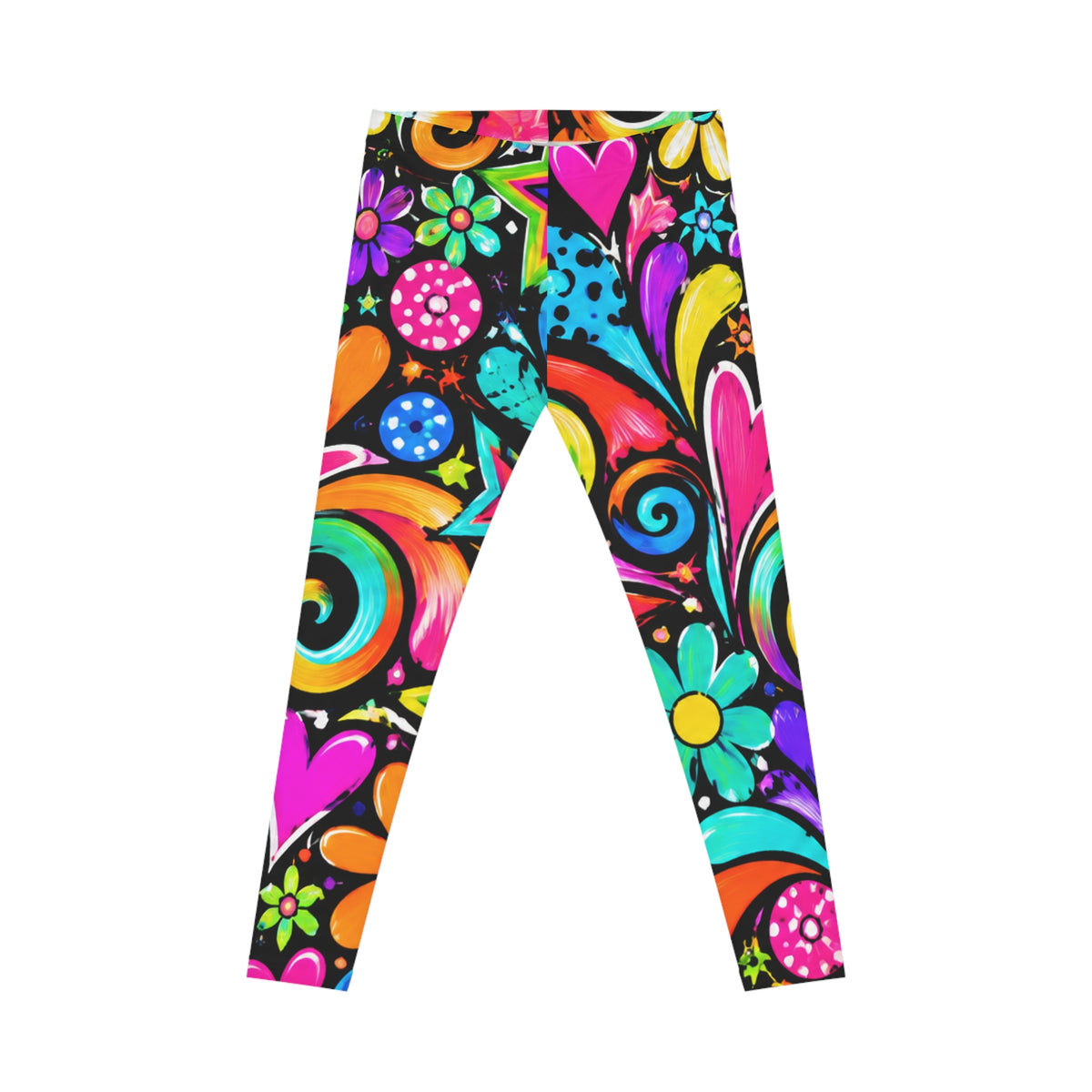 Colorful Heart & Floral Leggings — Women's Psychedelic All-Over Print