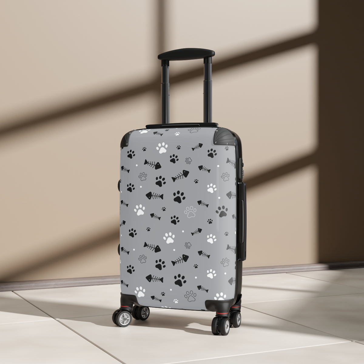 Pet Paw Print Suitcase — Grey Travel Luggage with Cat & Dog Paw Pattern