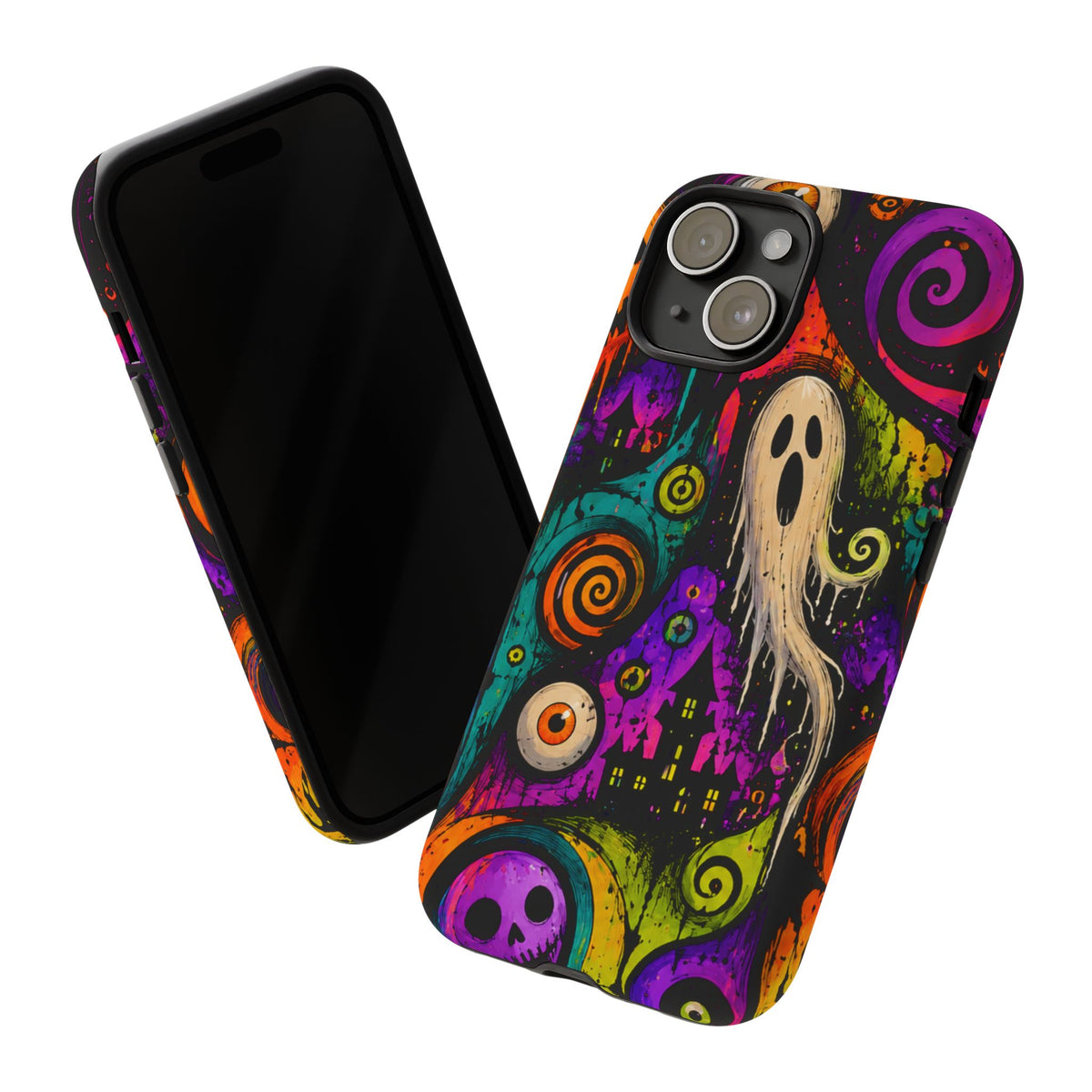 Halloween Ghost Phone Case — Colorful Spooky Skull & Haunted House Tough Case