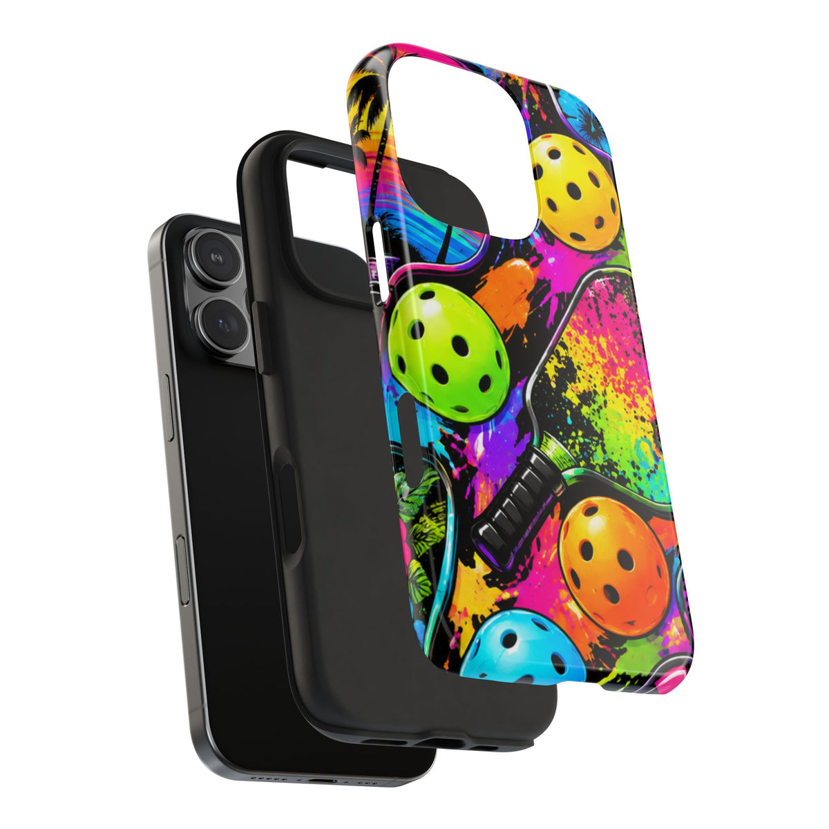 Pickleball Splash Tough Phone Case — Neon Paddle & Ball Protective Cover