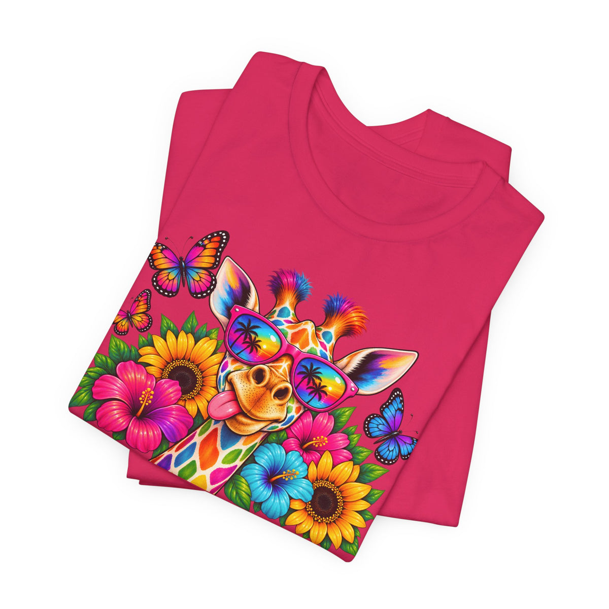 Giraffe Floral Tee — Colorful Butterfly & Sunflower Graphic T-Shirt