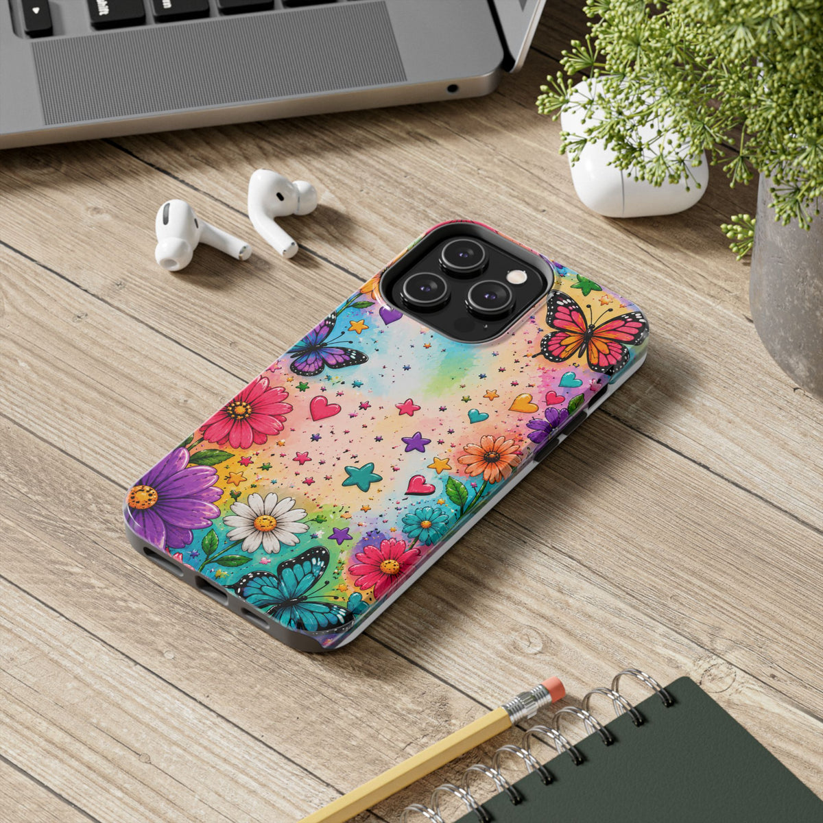 Colorful Butterflies and Flowers Tough Phone Case | Rainbow Hearts Stars