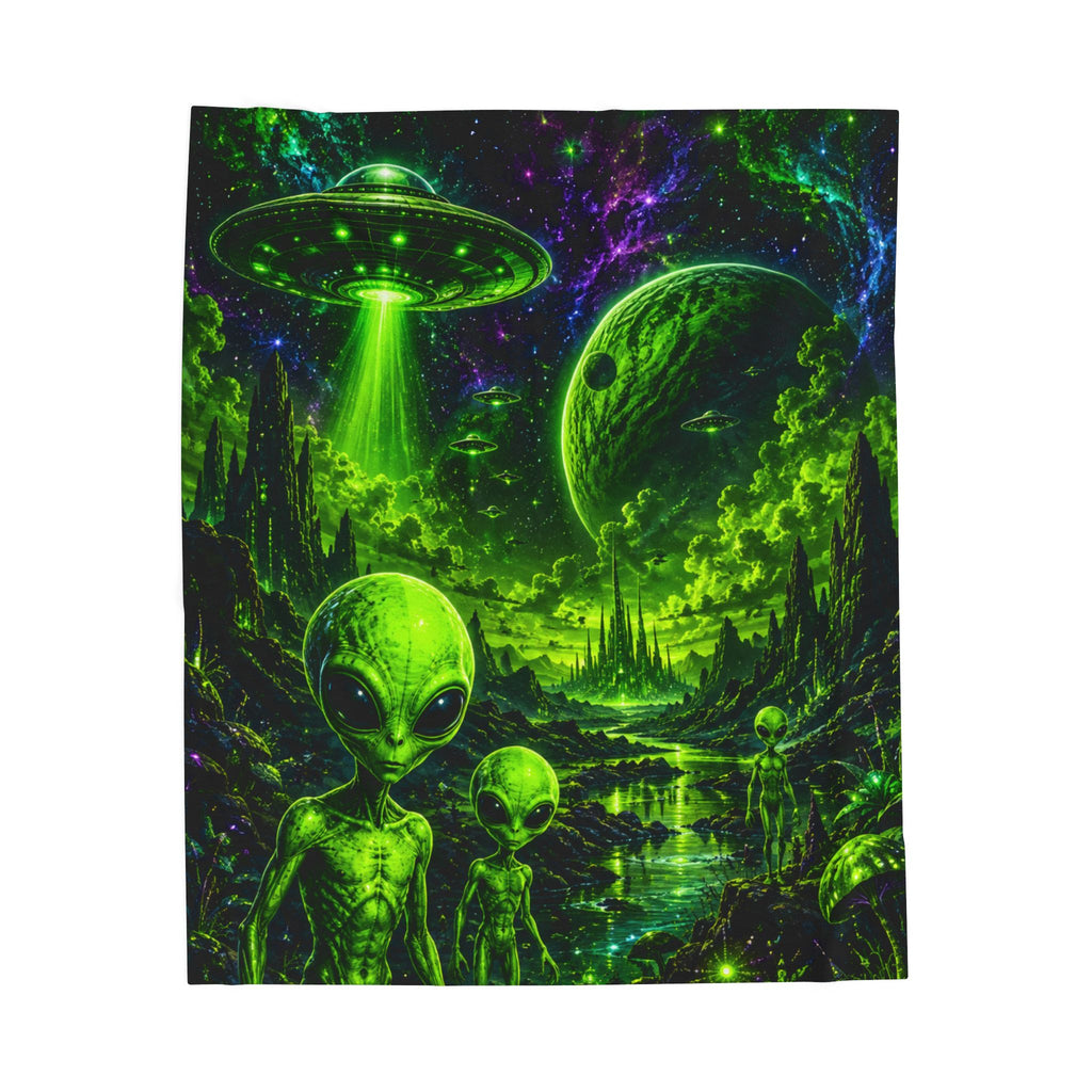 Alien Abduction Velveteen Plush Blanket – Neon Green UFO & Space Scene
