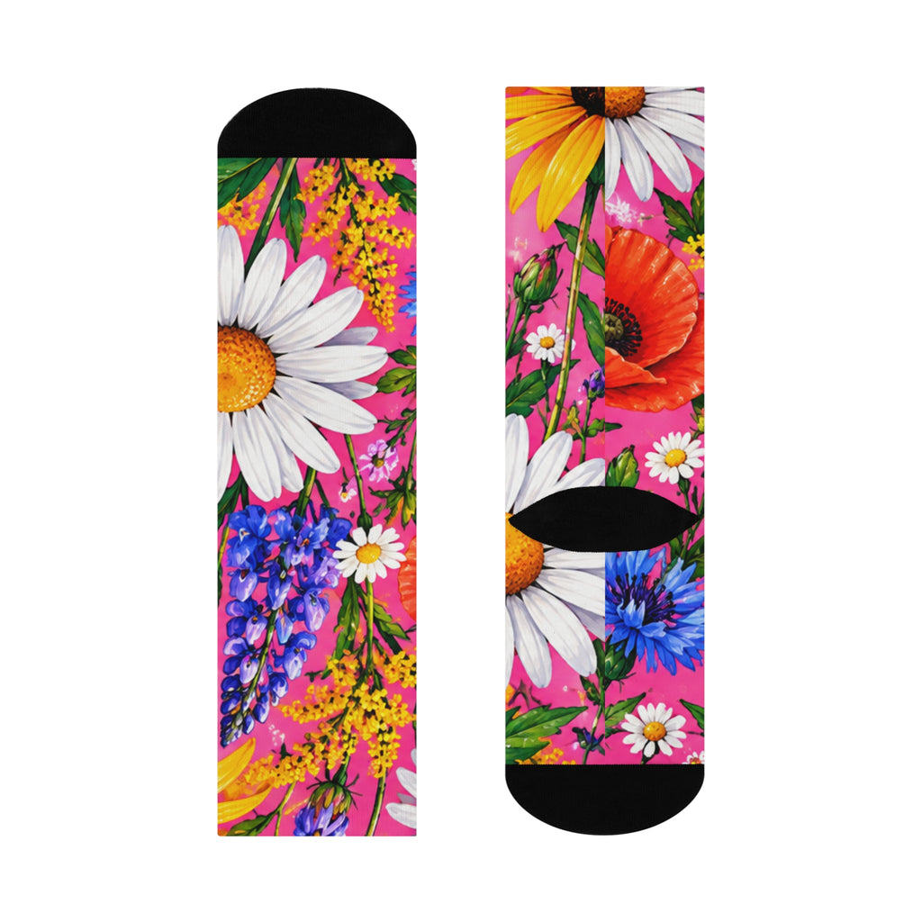 Floral Daisy & Lupine Cushioned Crew Socks — Bright Pink Garden Comfort