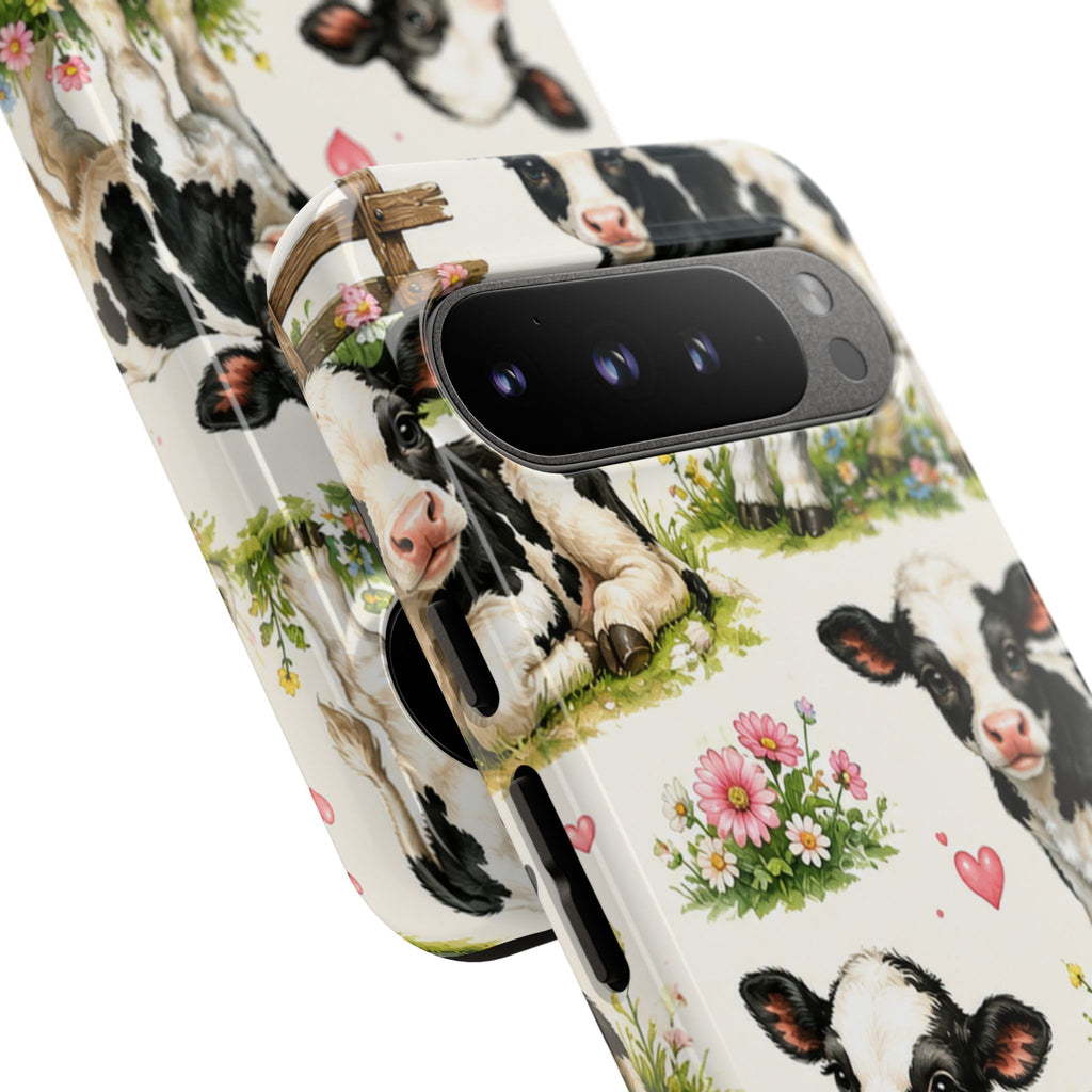 Cute Calf Pattern Phone Case – Pastel Cow Hearts & Flowers Protective Cover