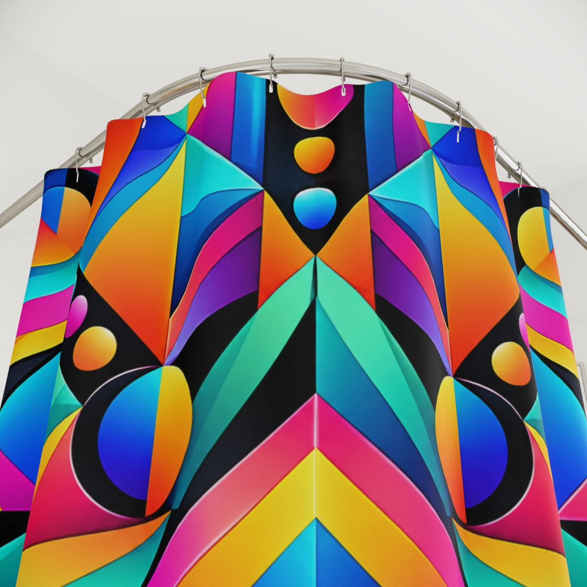 Geometric Neon Shower Curtain — Vibrant Retro Abstract Bathroom Decor