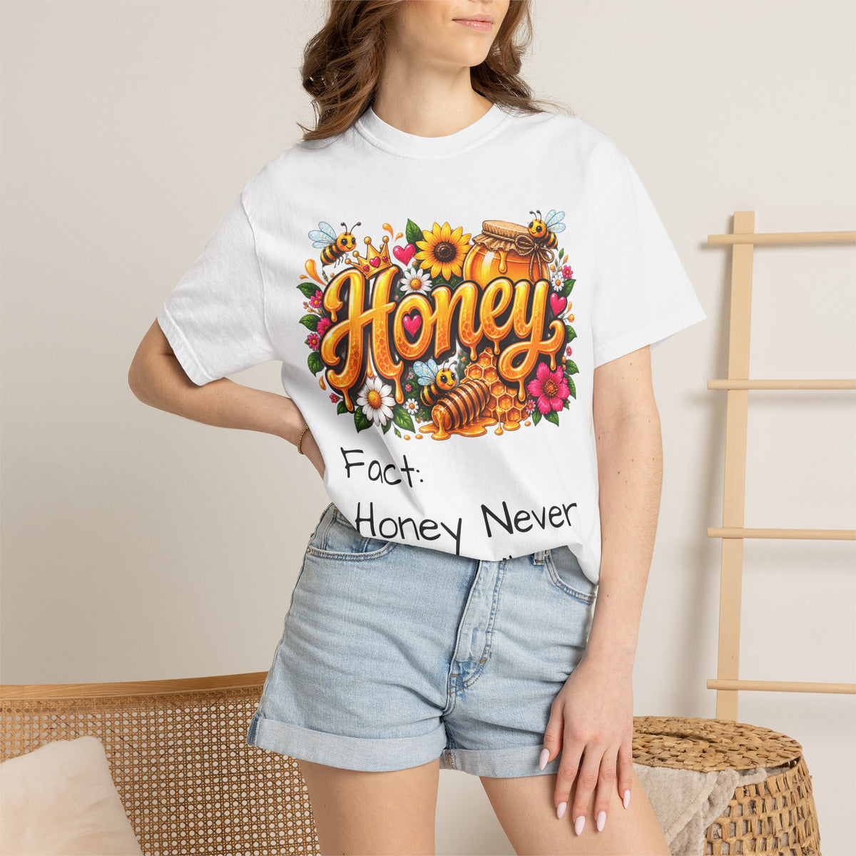 Honey Graphic T-Shirt — “Honey Never Spoils” Vintage Floral Bee Tee