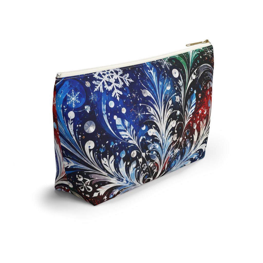Winter Floral Accessory Pouch — Snowflake Cosmetic Bag with T-Bottom