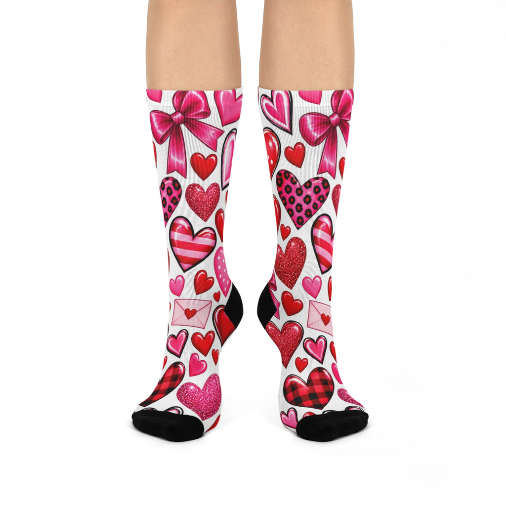 Valentine Hearts Cushioned Crew Socks - Pink Red Heart Pattern