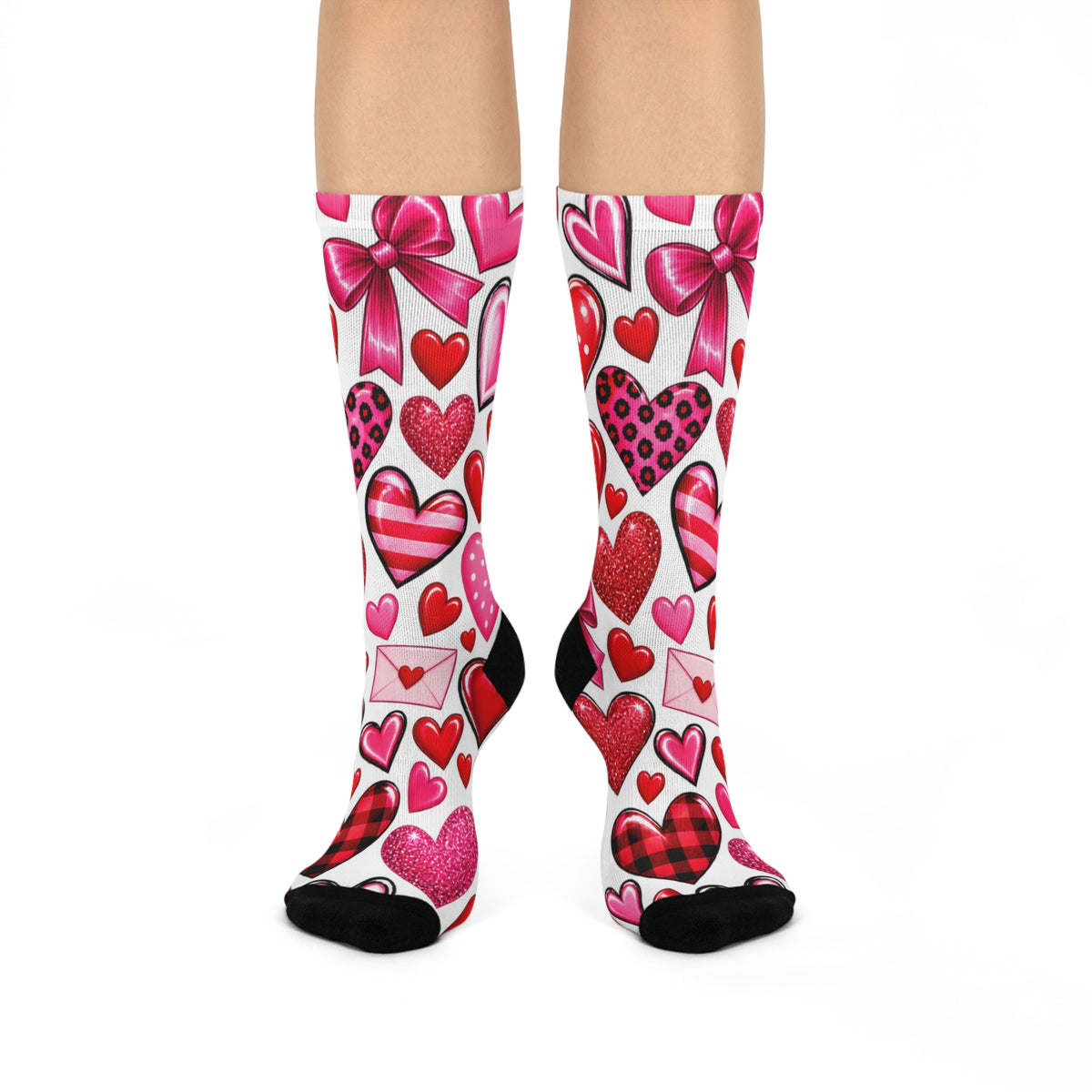 Valentine Hearts Cushioned Crew Socks - Pink Red Heart Pattern