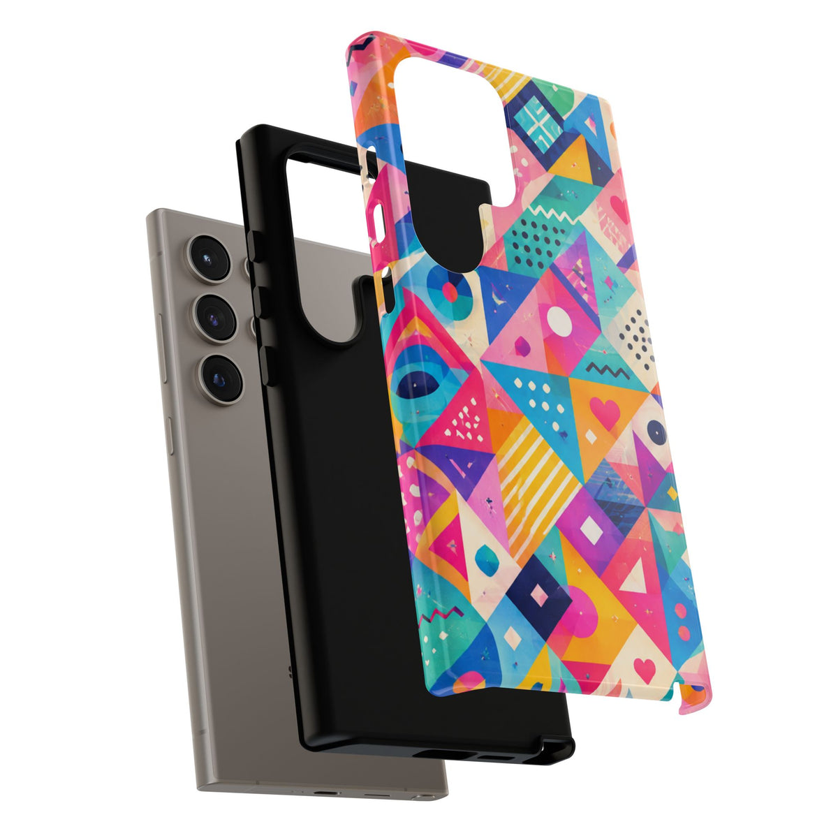 Colorful Geometric Tough Phone Case — Bright Abstract Heart & Triangle Pattern