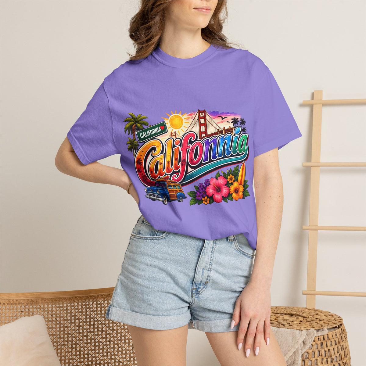 California Retro Sunset T-shirt | Golden Gate, Palm Trees & Surf