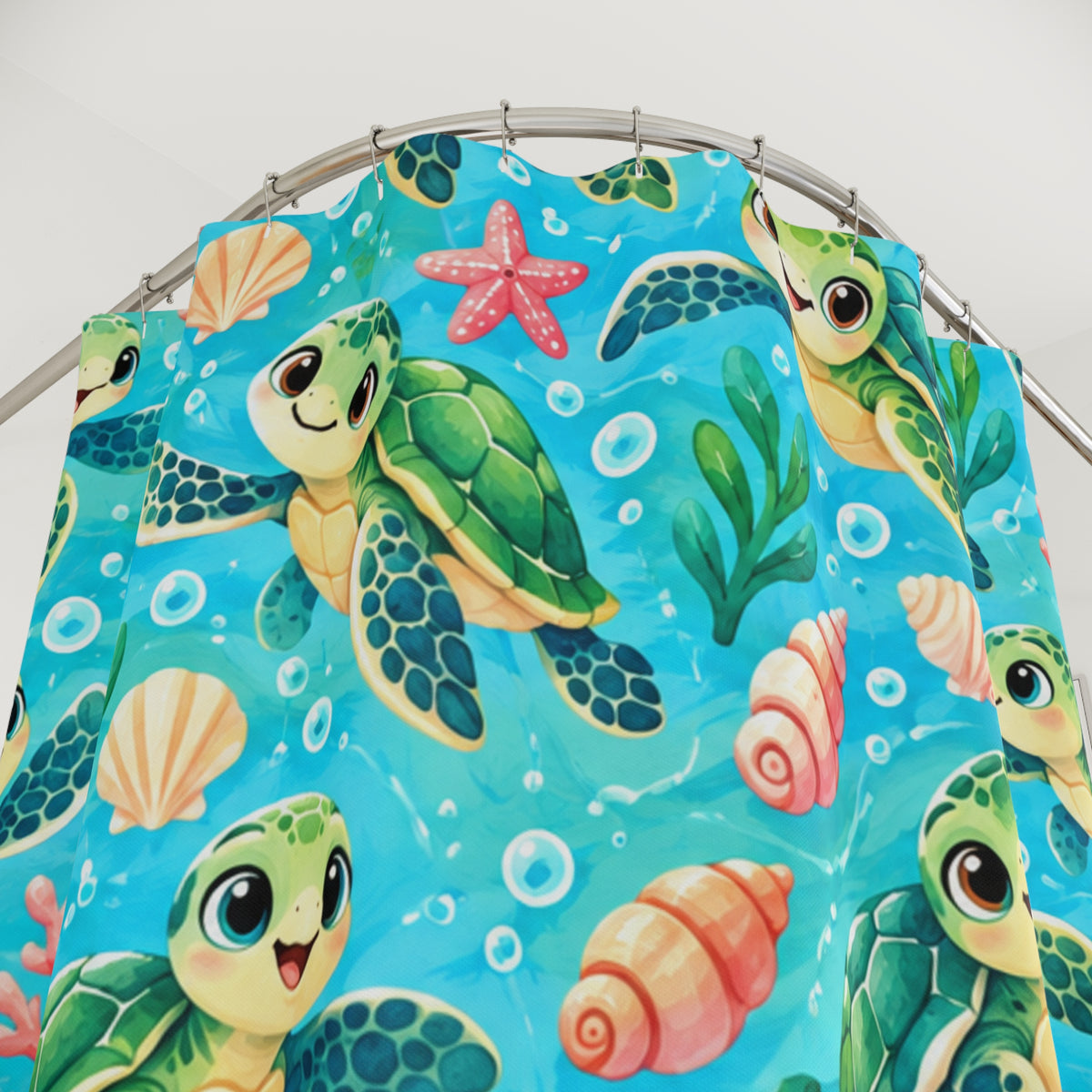 Cute Sea Turtle Pattern Shower Curtain | Ocean Turtle Seashells Beachy Bath