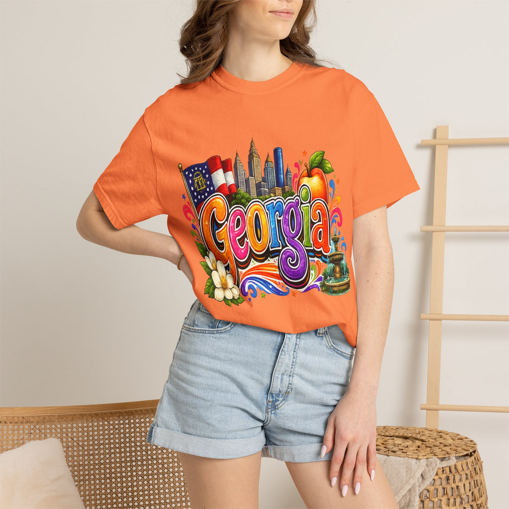 Georgia state illustration T-shirt | Atlanta skyline, peach, magnolia