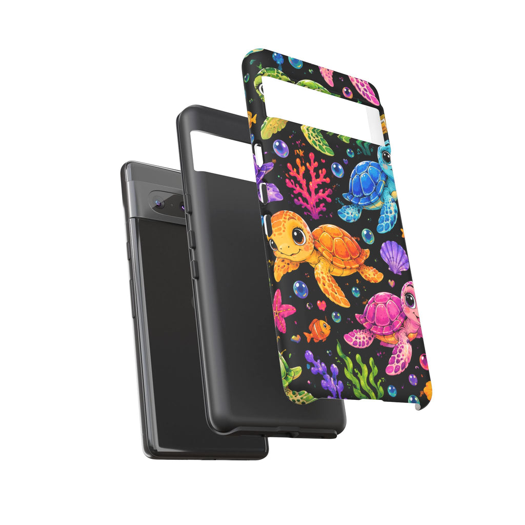 Phone Case — Colorful Cute Sea Turtles on Black (Protective Smartphone Cover)