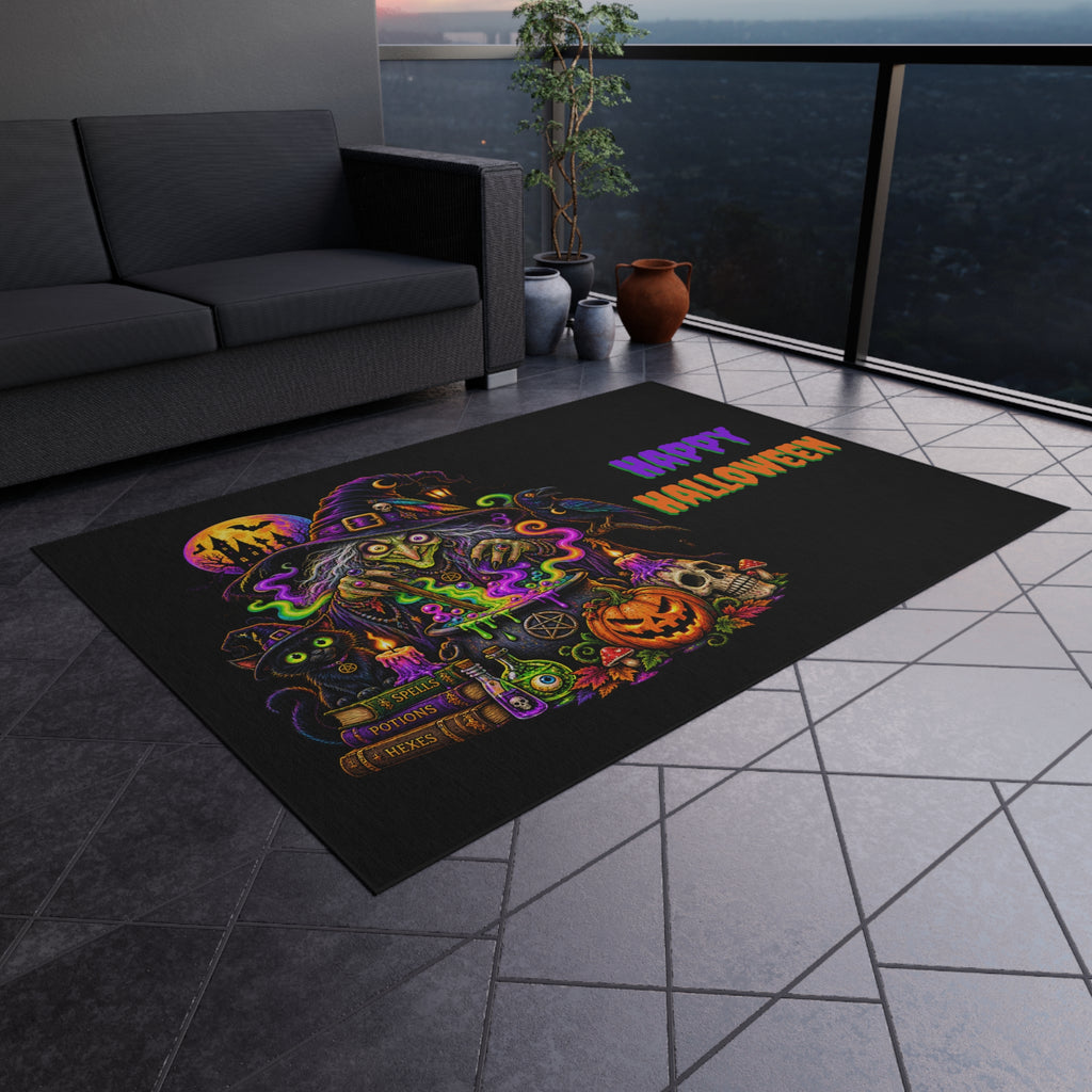 Halloween Witch Outdoor Rug — "Happy Halloween" Spooky Porch Mat
