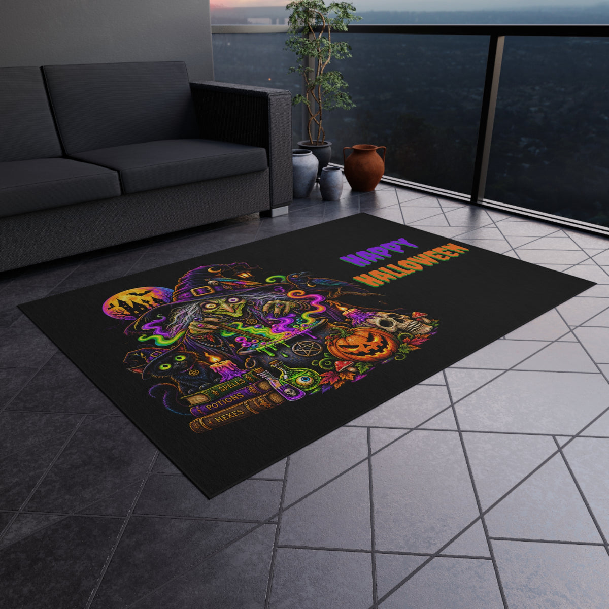 Halloween Witch Outdoor Rug — "Happy Halloween" Spooky Porch Mat