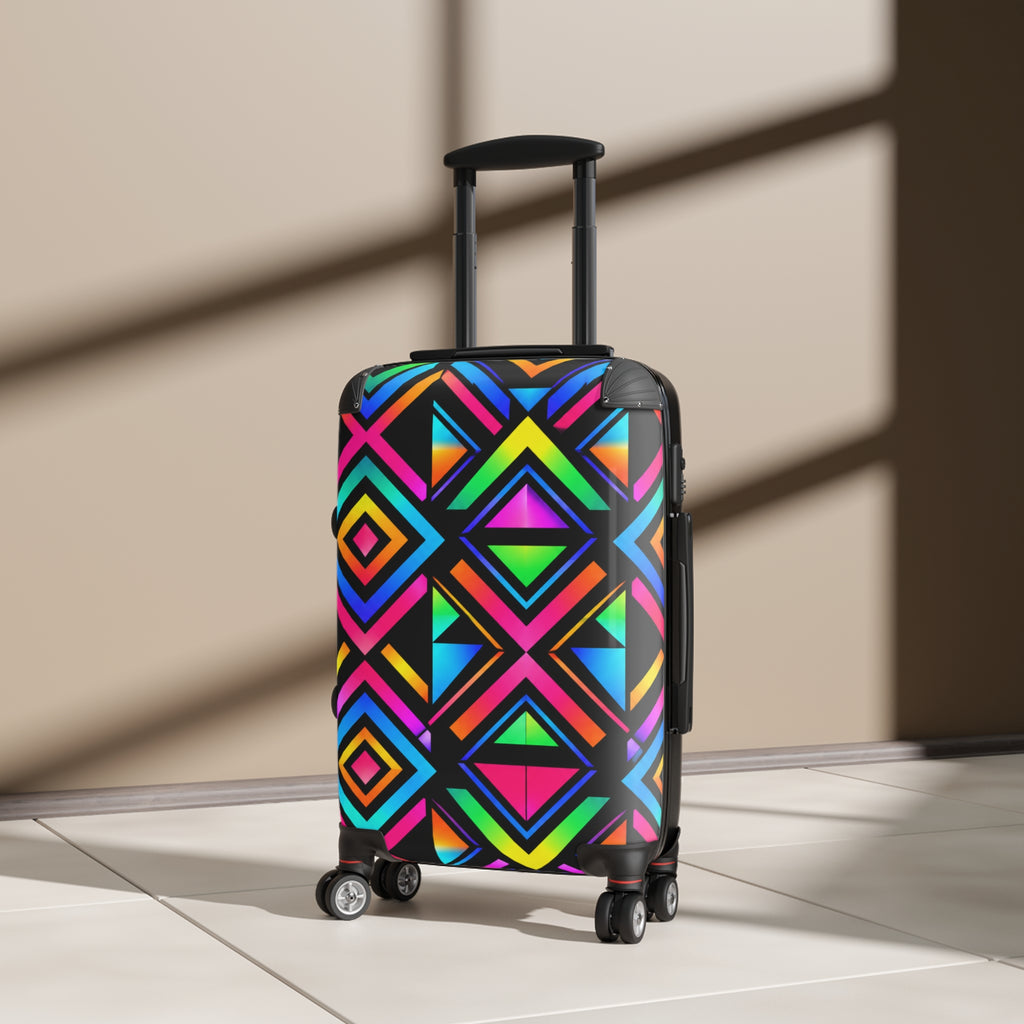 Colorful Neon Geometric Carry-On Suitcase — Bright Diamond Pattern Travel Luggage