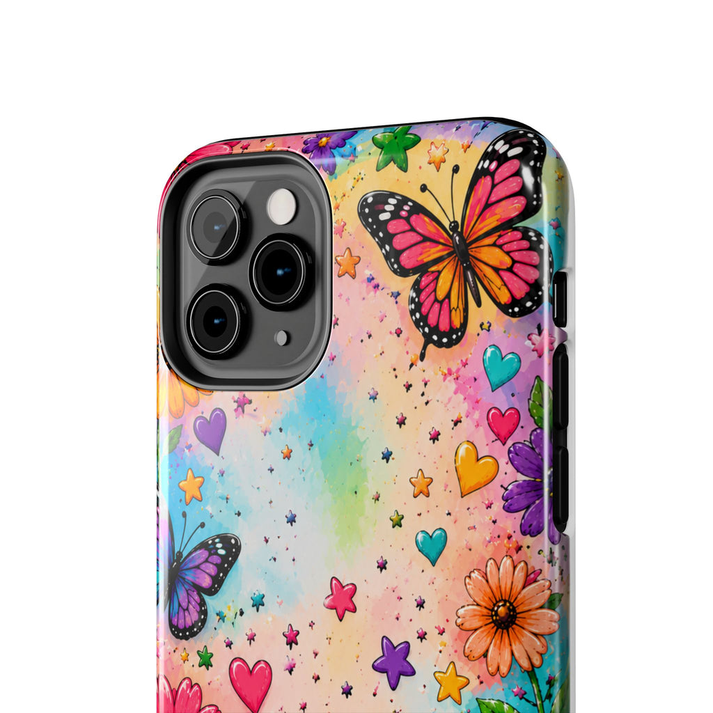 Colorful Butterflies and Flowers Tough Phone Case | Rainbow Hearts Stars