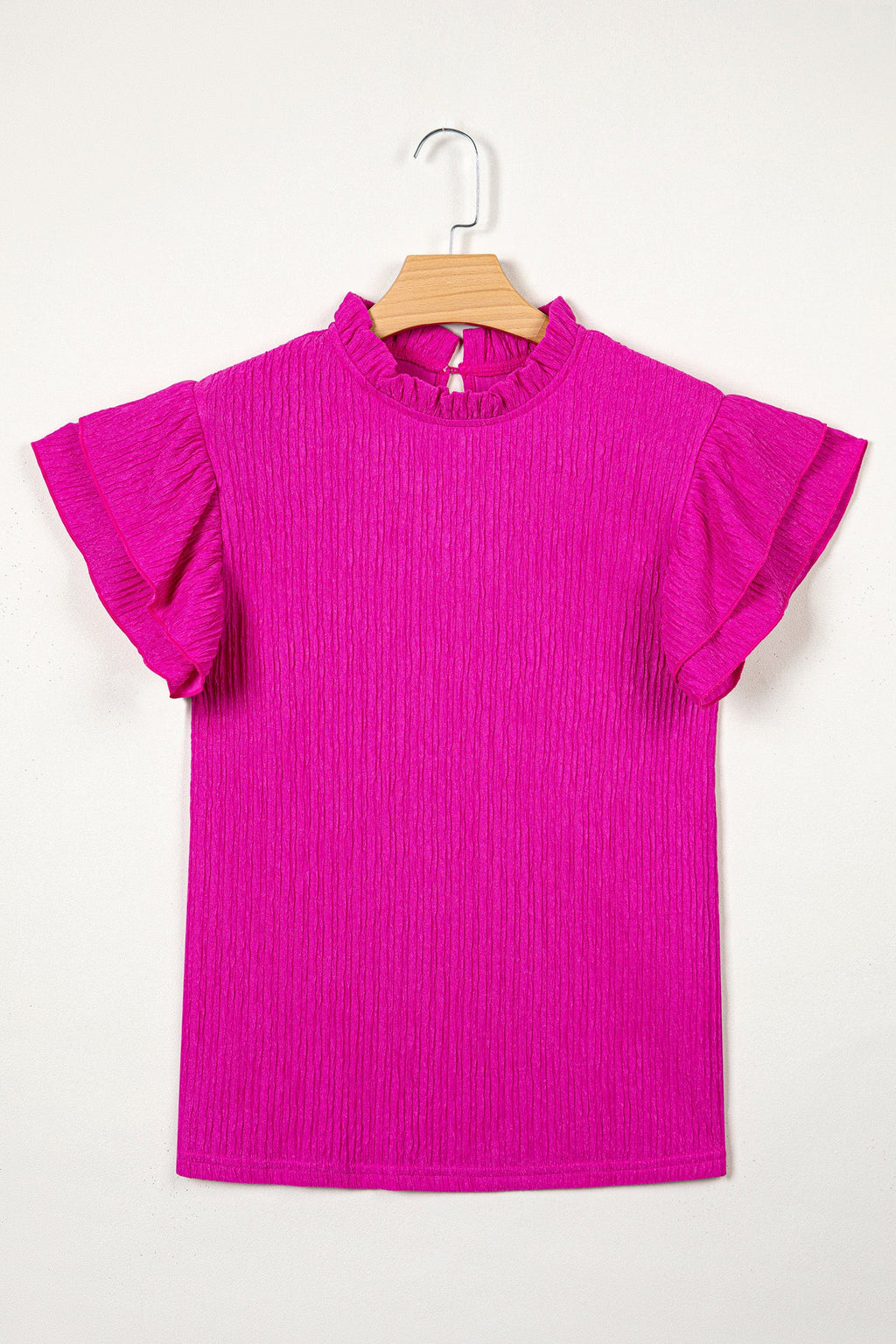 Solid Textured Ruffle Trim Short Sleeve Blouse