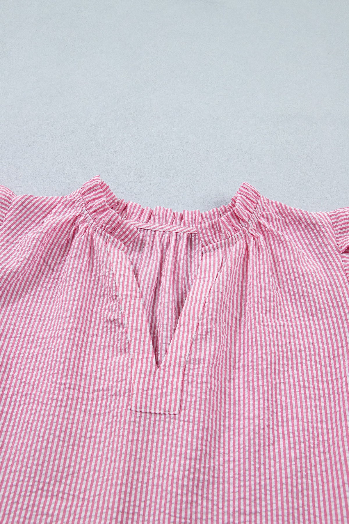 Stripe Short Bubble Sleeve Split V-Neck Blouse